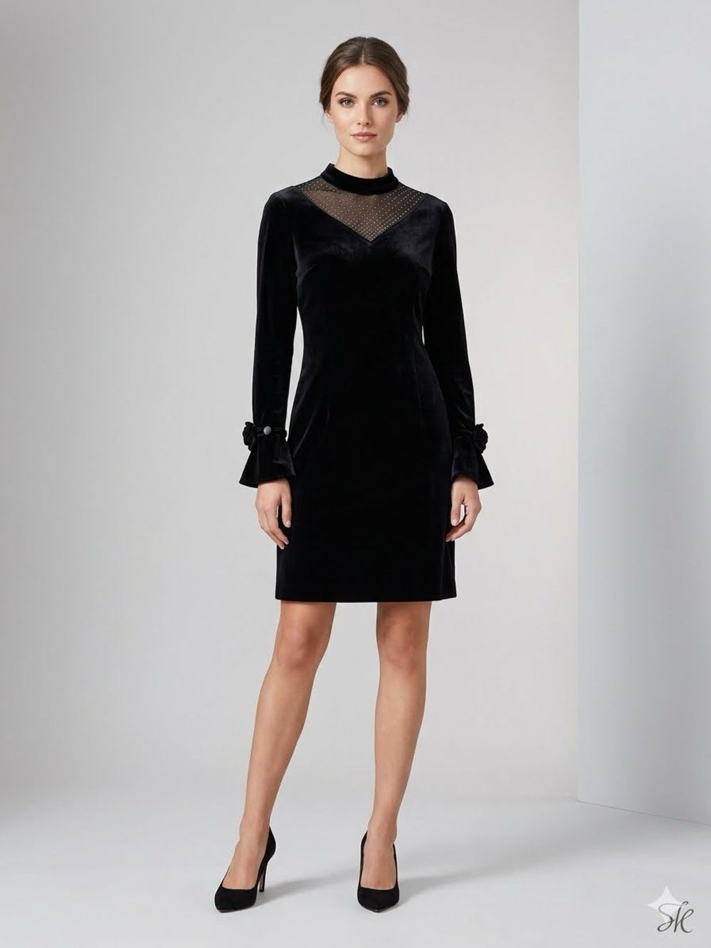 Vintage Be Art Black Velvet Sheer Mesh Mock Neck Dress Size S M